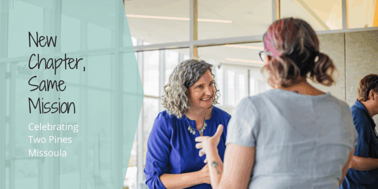 Courtney Arntzen talking to client with text New chapter, same mission