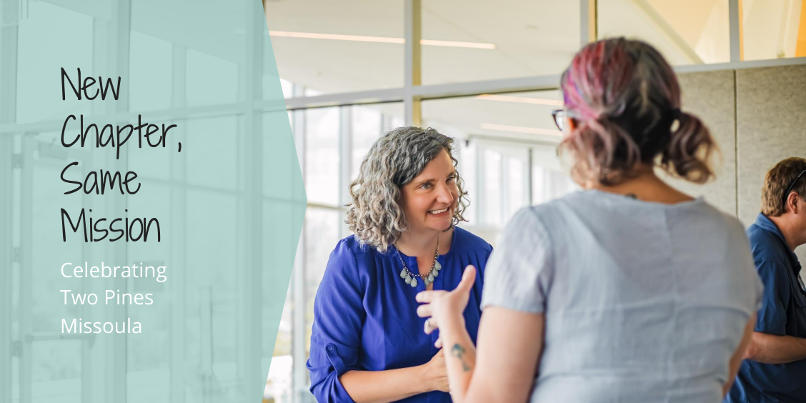 Courtney Arntzen talking to client with text New chapter, same mission